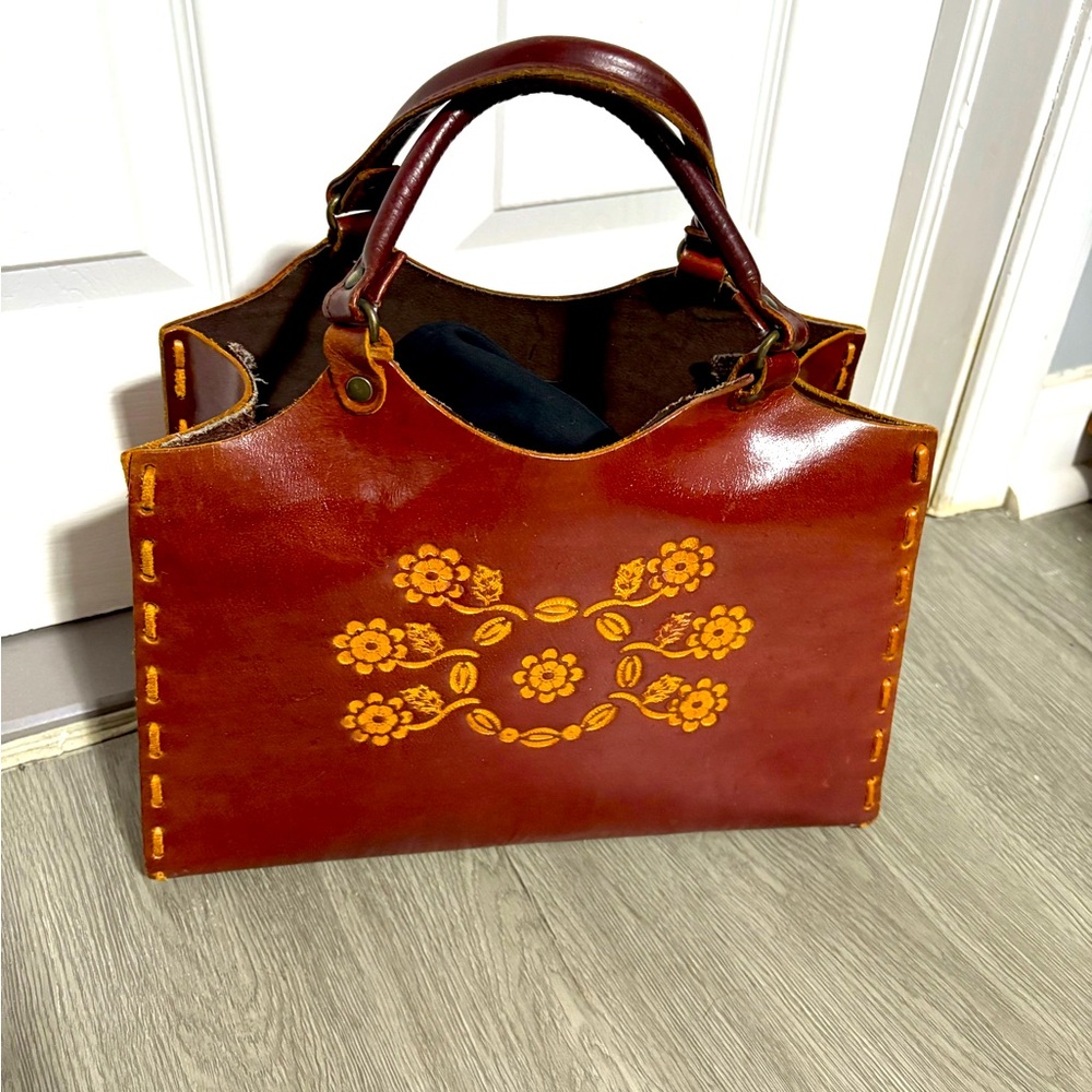 Brown and Yellow Leather Tote with Floral Pattern. READ.